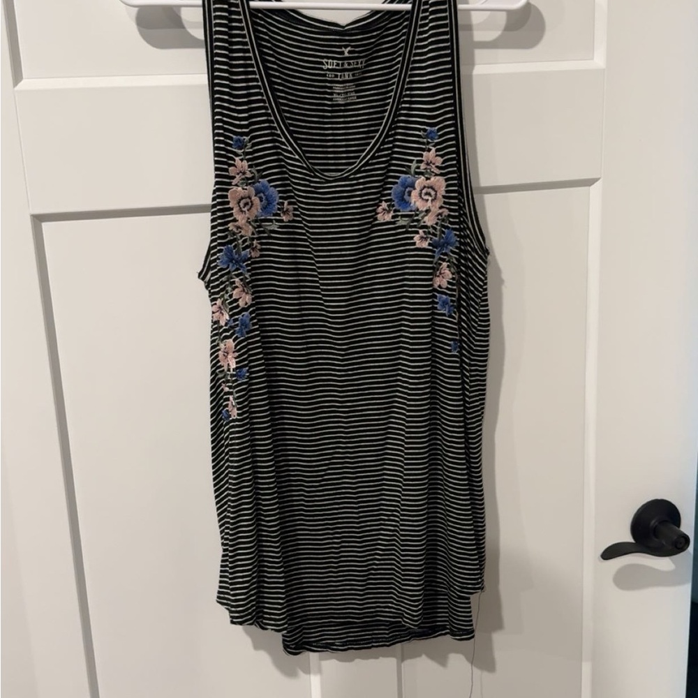 American Eagle Outfitters Black and White Striped Tank with Floral Design